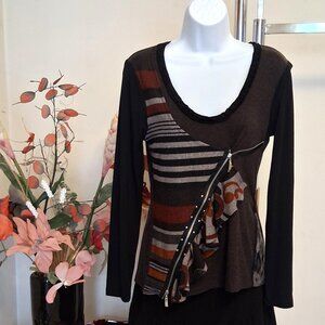 NEW Dolcezza Women Luxury Ruffle Blouse Black Brown Patchwork Long Sleeve Top 8